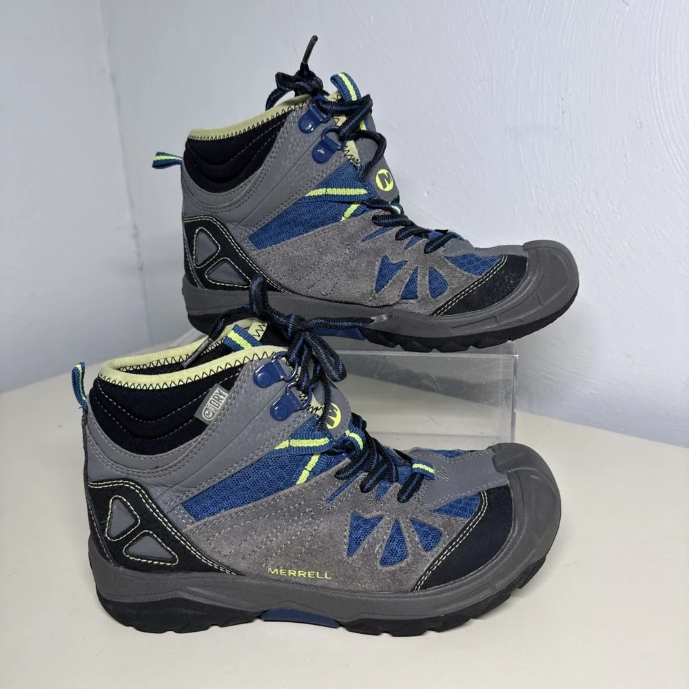 MERRELL Capra Mid Waterproof Boys Trail Hiking Boot Size 2,5M Gray Blue Grey
